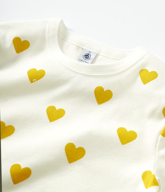 T-shirt girocollo a cuori in cotone Donna bianco MARSHMALLOW/giallo OCRE