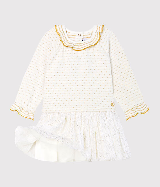 Abito bi-materiale a maniche lunghe da bebè femmina bianco MARSHMALLOW/giallo OR