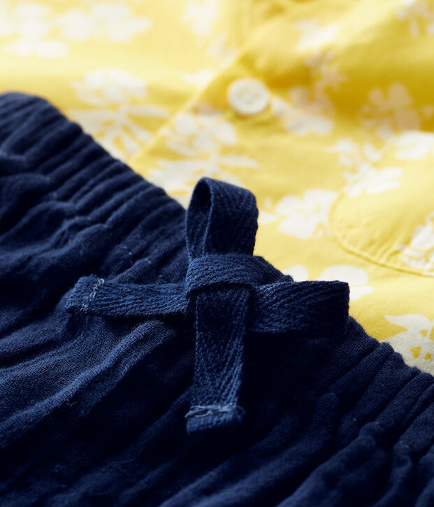 Completo 2 pezzi beb&egrave; con stampa hawaiana in popeline biologico giallo/bianco