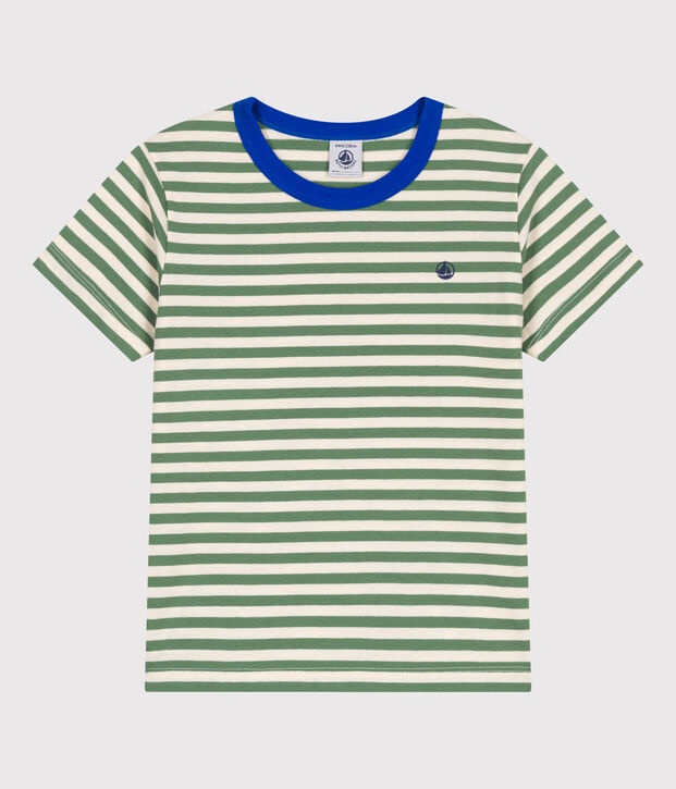 T-shirt a maniche corte in cotone a righe bambino verde/ecru