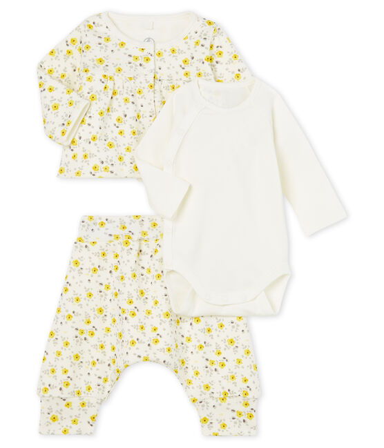 Completo tre pezzi bebè femmina in lana e cotone bianco MARSHMALLOW/bianco MULTICO