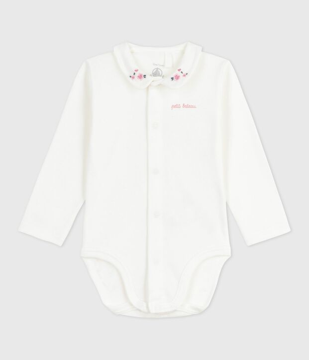 Body con colletto ricamato e scritta sul petto neonato bianco/rosa