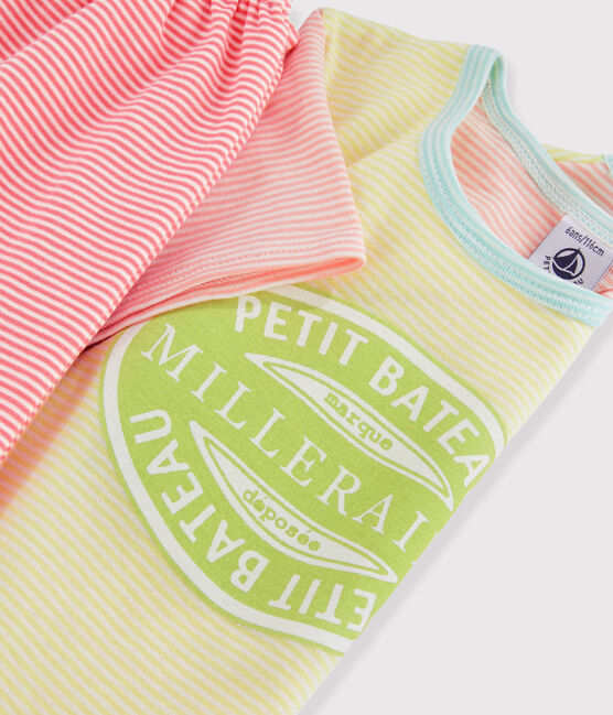 Pigiama a righe multicolori corto bambina a costine giallo SUNNY/bianco MULTICO