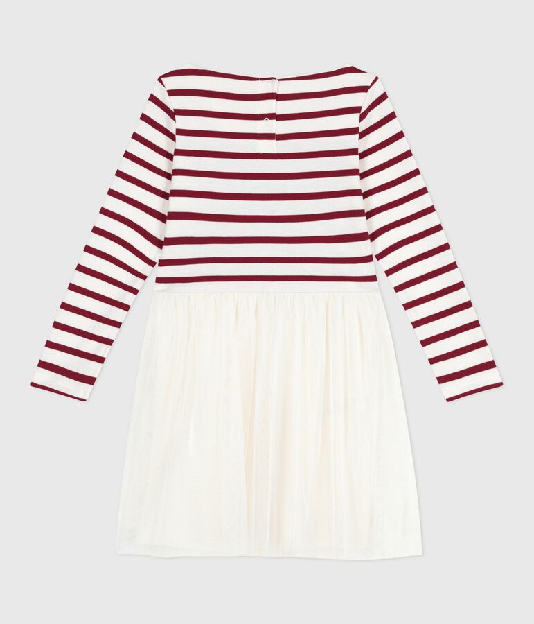 Abito a maniche lunghe in cotone e tulle bambina ecru/rosso