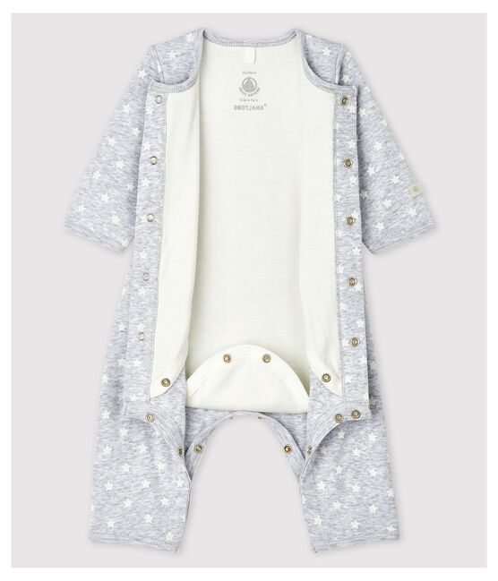 Body-pigiama senza piedi bebè in cotone biologico grigio POUSSIERE/bianco MARSHMALLOW
