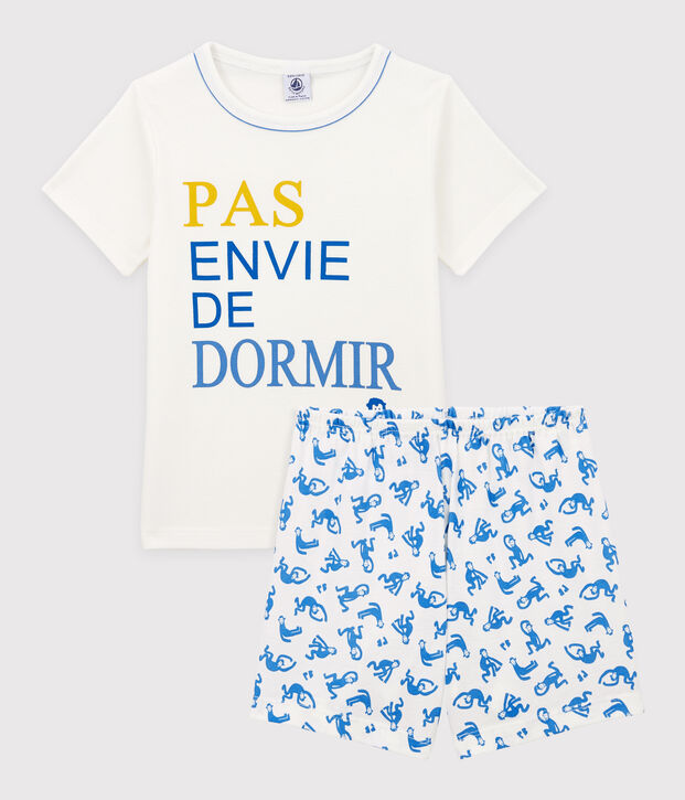 Pigiama corto bambino in cotone bianco/blu