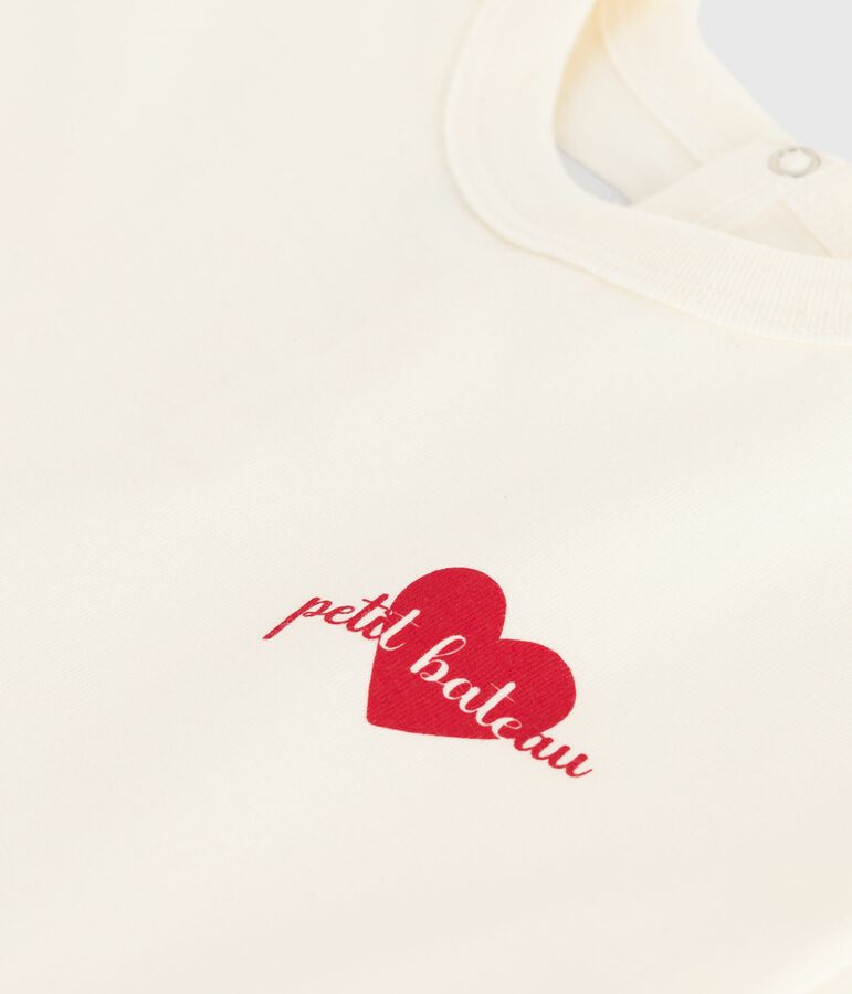 T-shirt a maniche lunghe in cotone con cuore stampato neonata ecru MILK