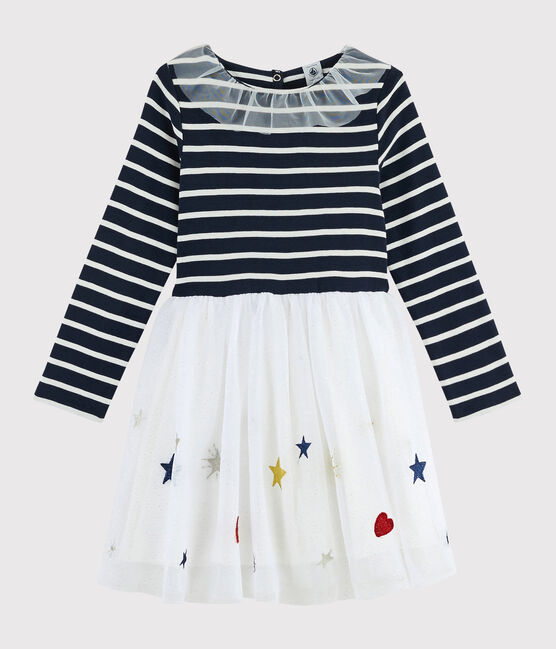 Abito maniche lunghe bambina blu SMOKING/bianco MULTICO
