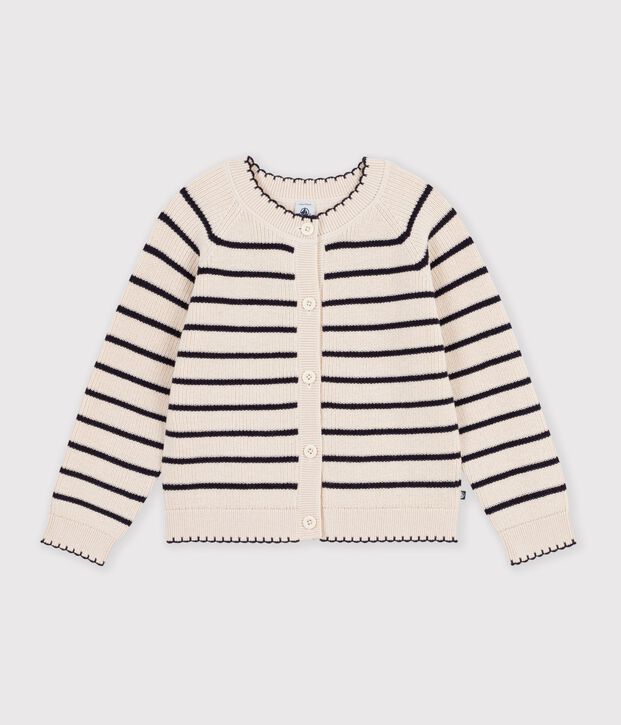 Cardigan in misto lana e cotone a righe bambina ecru/blu