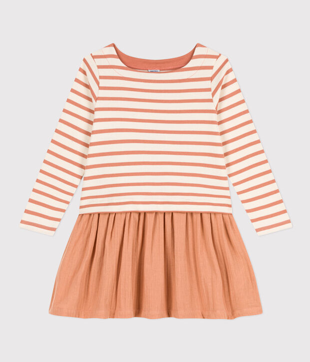 Abito in cotone spesso e garza di cotone bambina ecru/rosa