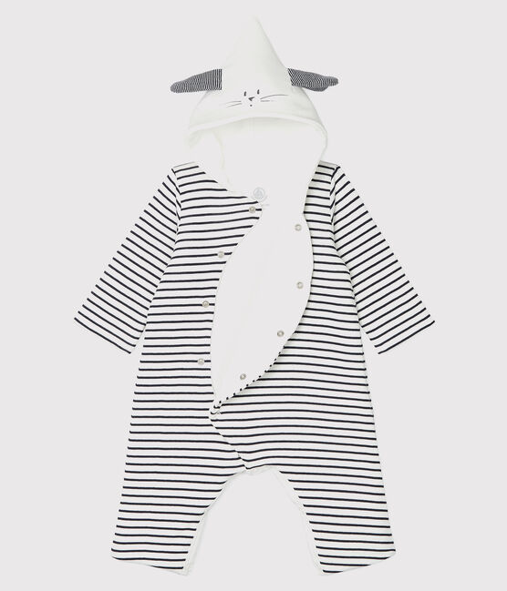 Tutina lunga a righe con cappuccio bebè in cotone biologico bianco MARSHMALLOW/blu SMOKING