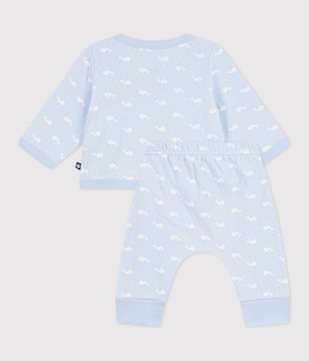 Set 2 pezzi lungo in cotone con balene stampate neonato blu/ecru