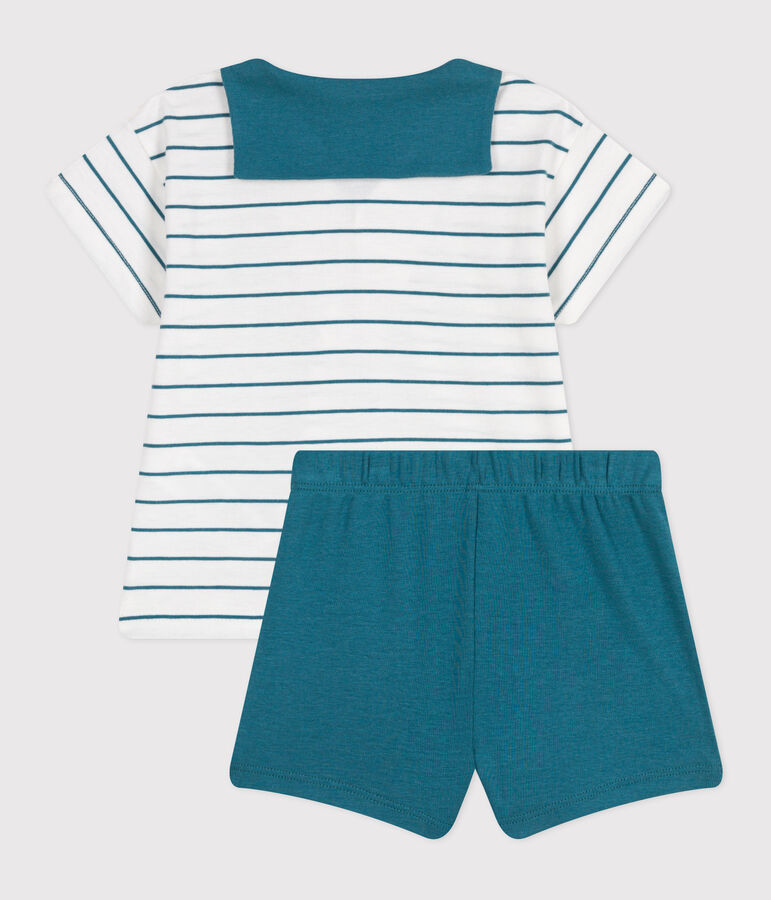 Completo neonato 2 pezzi in cotone con T-shirt a righe e shorts tinta unita verde MARSHMALLOW/ DRAGONFLY