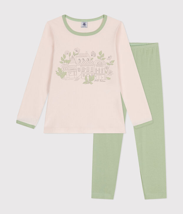 Pigiama bambina a maniche lunghe in cotone beige/verde