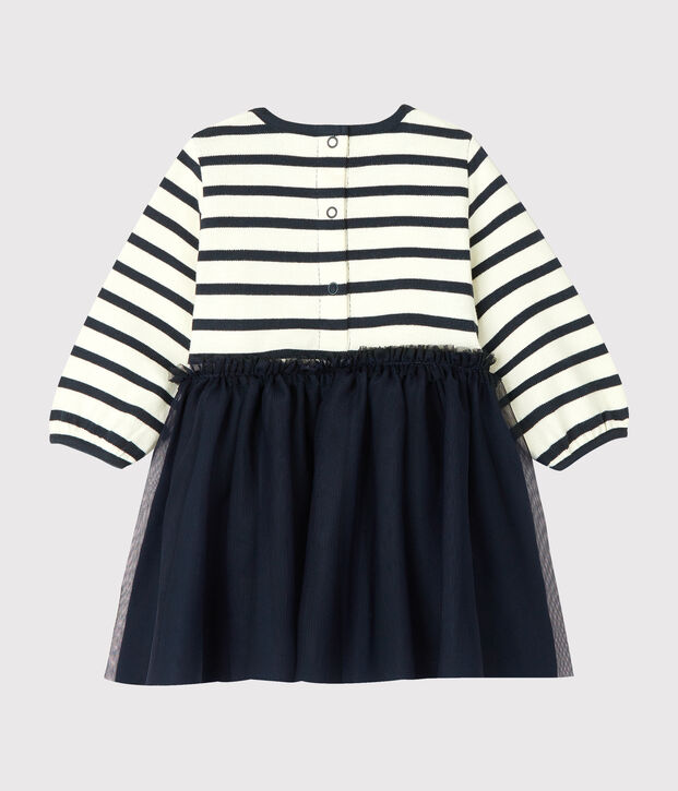 Abito bi-materiale a maniche lunghe beb&egrave; femmina bianco/blu