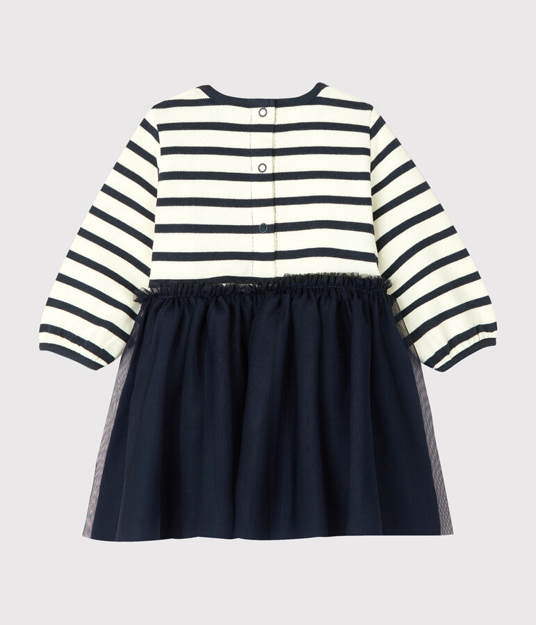 Abito bi-materiale a maniche lunghe beb&egrave; femmina beige COQUILLE/blu SMOKING