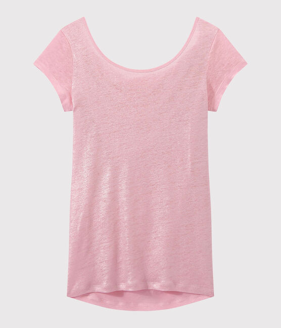 T-shirt donna con scollo ad acquasantiera sul retro in lino iridescente rosa BABYLONE/grigio ARGENT