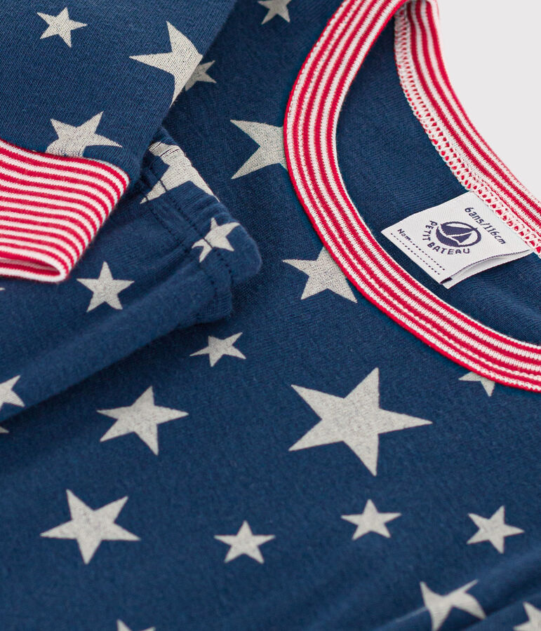 Pigiama bambino aderente in cotone con stampa a stelle fosforescente blu/bianco