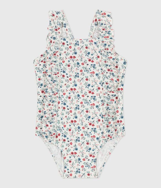 Costume da bagno intero con stampa floreale e volant neonato bianco MARSHMALLOW/bianco MULTICO