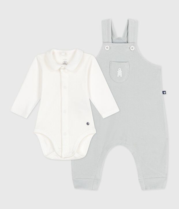 Set con salopette in cotone tinta unita con dettagli raffinati neonato blu/bianco
