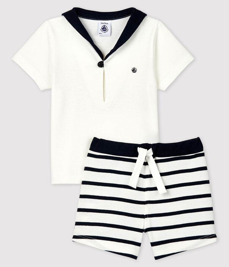 Completo due pezzi beb&egrave; maschio bianco MARSHMALLOW/blu SMOKING