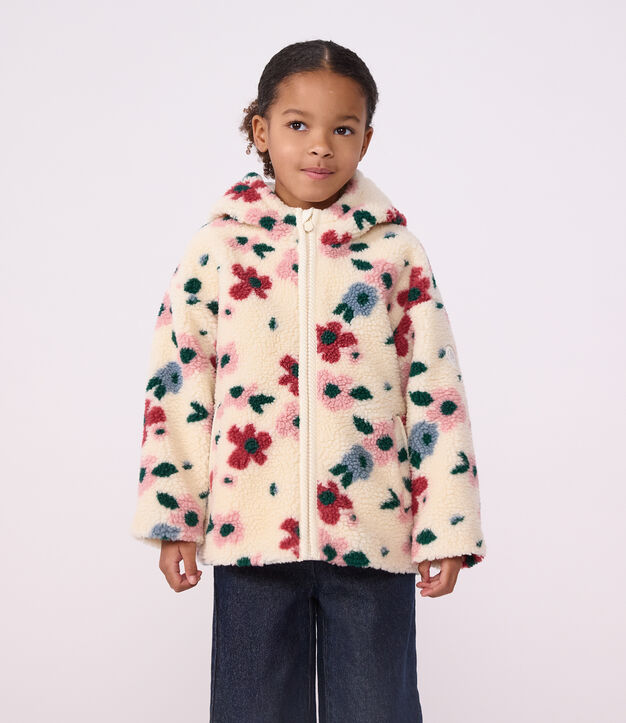 Giacca con cappuccio in sherpa a fiori bambina ecru/multicolore