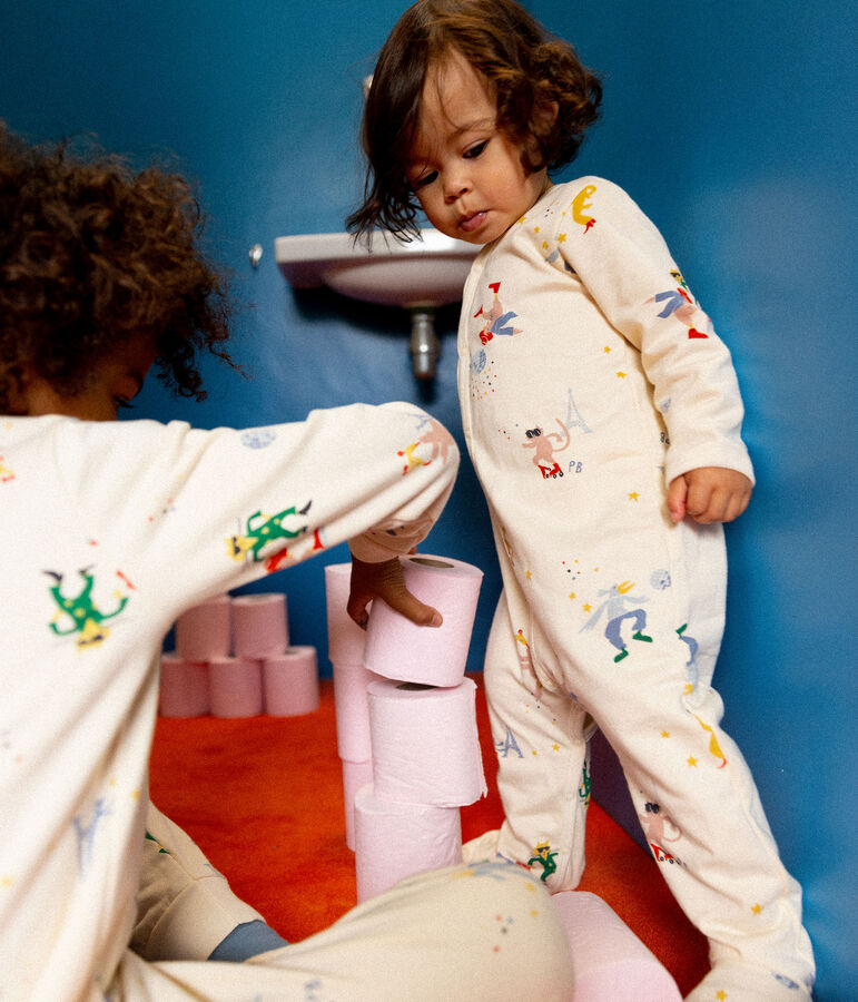 Tutina pigiama Paris beb&egrave; in tessuto felpato ecru/multicolore