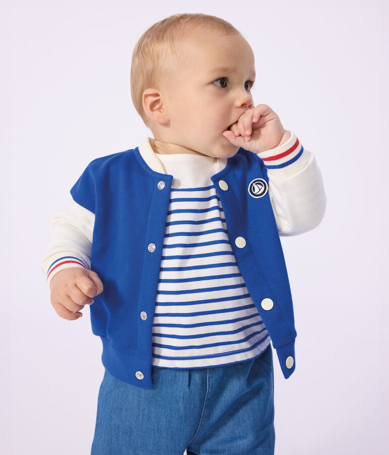 Giacca stile teddy in cotone color block neonato blu/ecru
