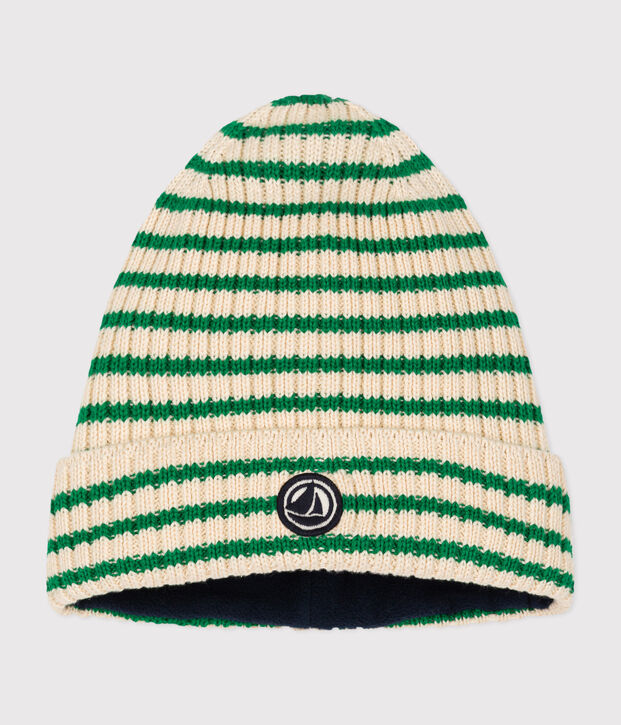 Cuffietta in maglia con fodera in pile a righe bambino ecru/verde