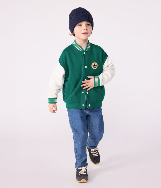 Giacca stile teddy bambino in cotone tinta unita verde/ecru
