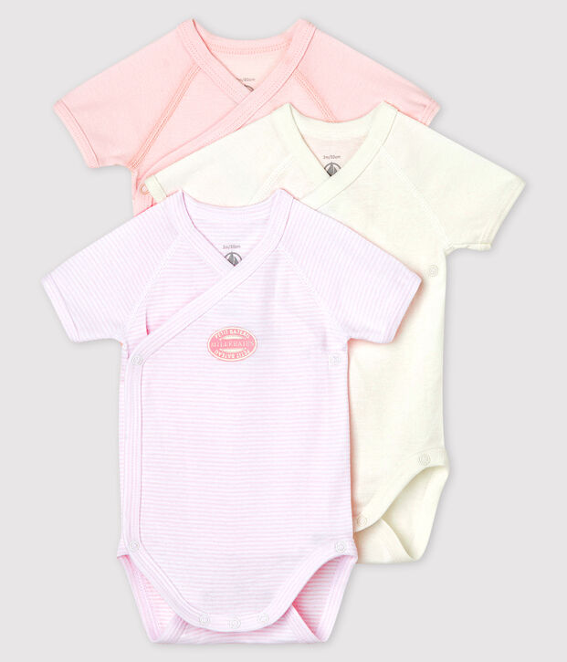 Confezione da 3 body incrociati millerighe manica corta beb&egrave; in cotone biologico multicolore