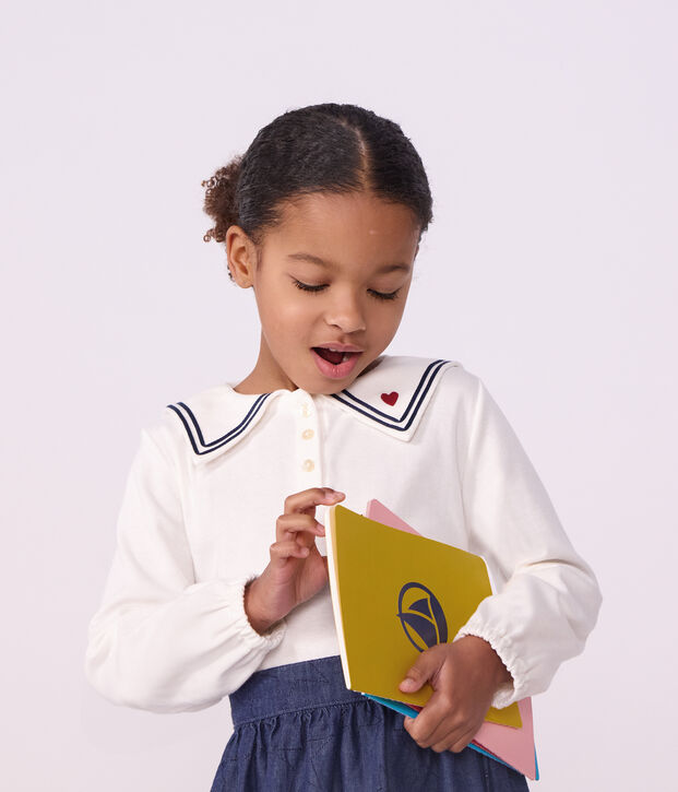 Blusa con colletto e maniche lunghe in cotone tinta unita bambina bianco