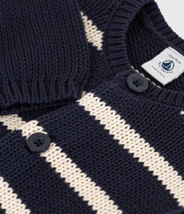 Cardigan beb&egrave; in maglia di cotone a righe blu/ecru