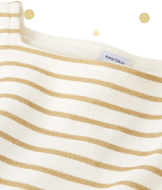 Abito bambina bi-matiere a righe brillantinate beige COQUILLE/giallo LUREX DORE