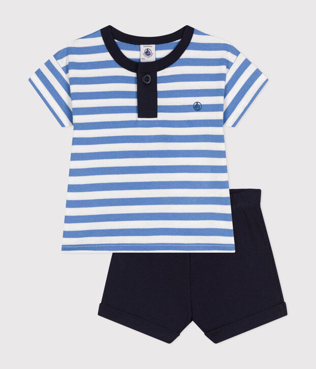 Set beb&egrave; t-shirt e pantaloncini in jersey blu/bianco