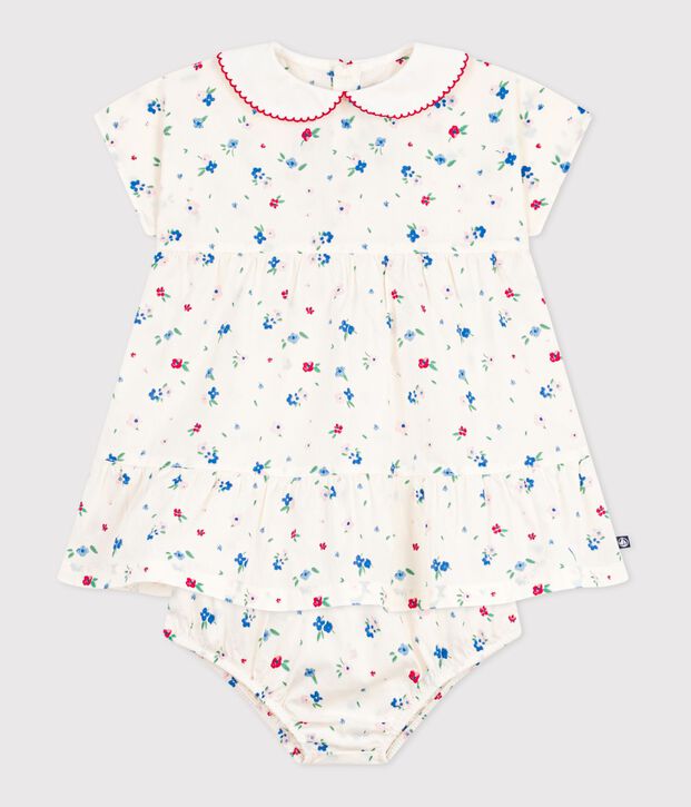 Abito neonata a maniche corte in cotone e bloomer abbinato con stampa a fiori bianco/multicolore