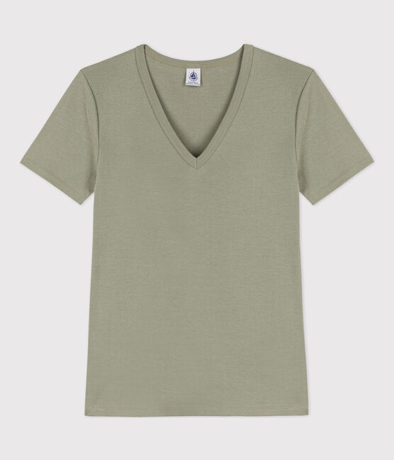 T-shirt L'ICONIQUE scollo a V in cotone donna verde MARECAGE