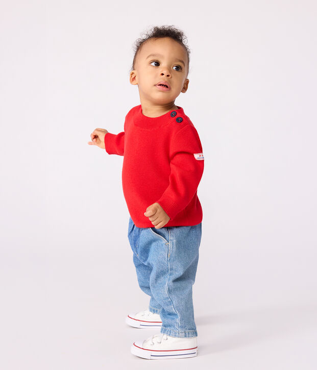 Maglione in stile marinaro in lana e cotone tinta unita neonato rosso