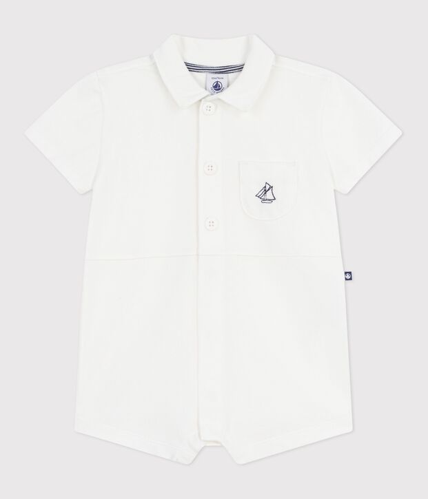 Tutina corta con colletto a polo in cotone tinta unita neonato bianco