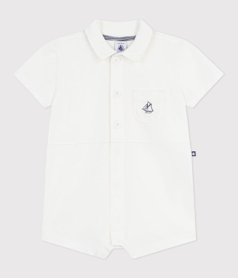 Tutina corta con colletto a polo in cotone tinta unita neonato bianco MARSHMALLOW