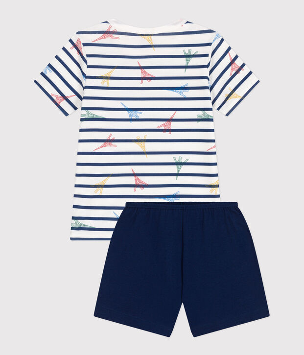 Pigiama corto in cotone con stampa Parigi bambino blu/multicolore