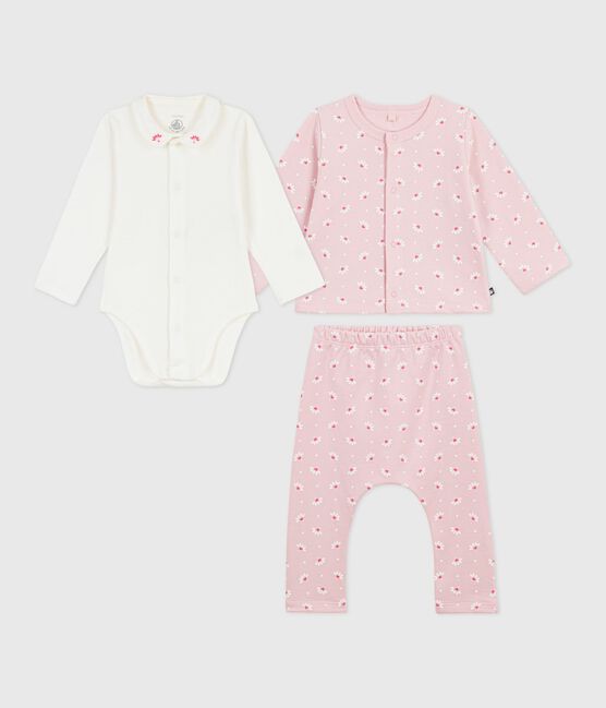 Set 3 pezzi con stampa a cuori e fiori e body con colletto ricamato neonata rosa JOLI/bianco MULTICO