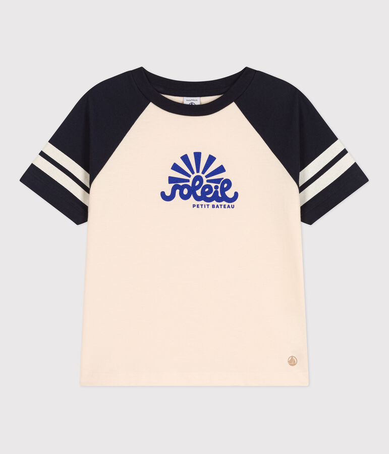 T-shirt bambino in jersey stampato ecru/blu