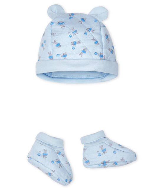 Confezione cuffietta e babbucce bebè in tubique blu FRAICHEUR/bianco MULTICO