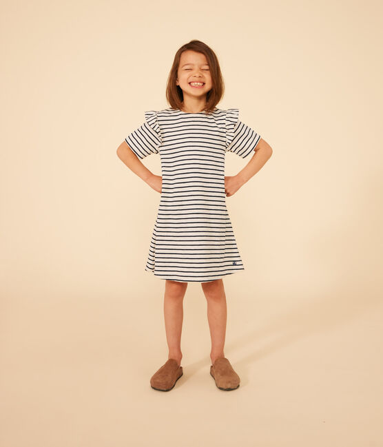 Abito a maniche corte in cotone a righe bambina bianco AVALANCHE/blu SMOKING