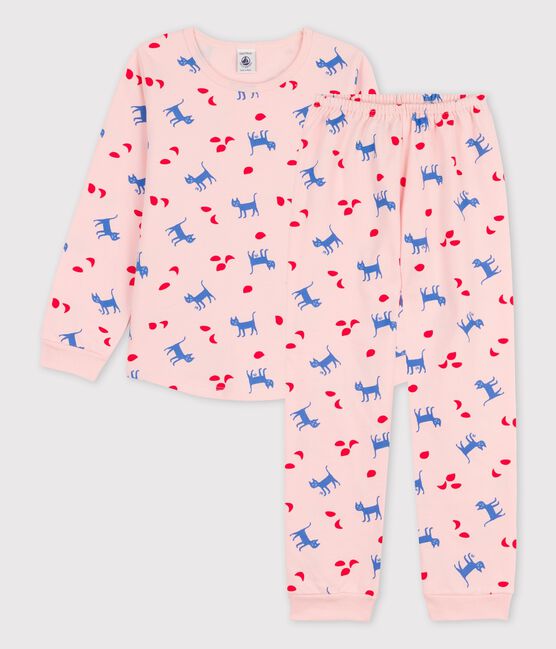 Pigiama con fantasia gatti bambina in cotone rosa MINOIS/bianco MULTICO