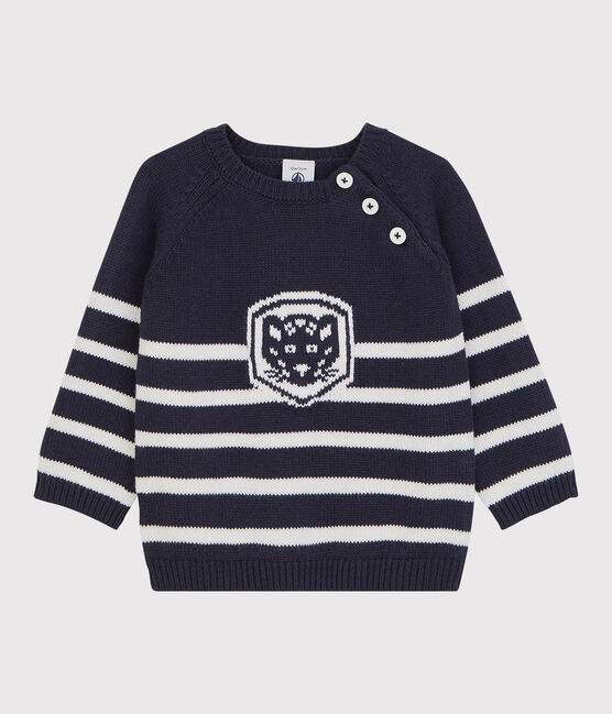 Pullover in lana e cotone bebè. blu SMOKING/bianco MARSHMALLOW
