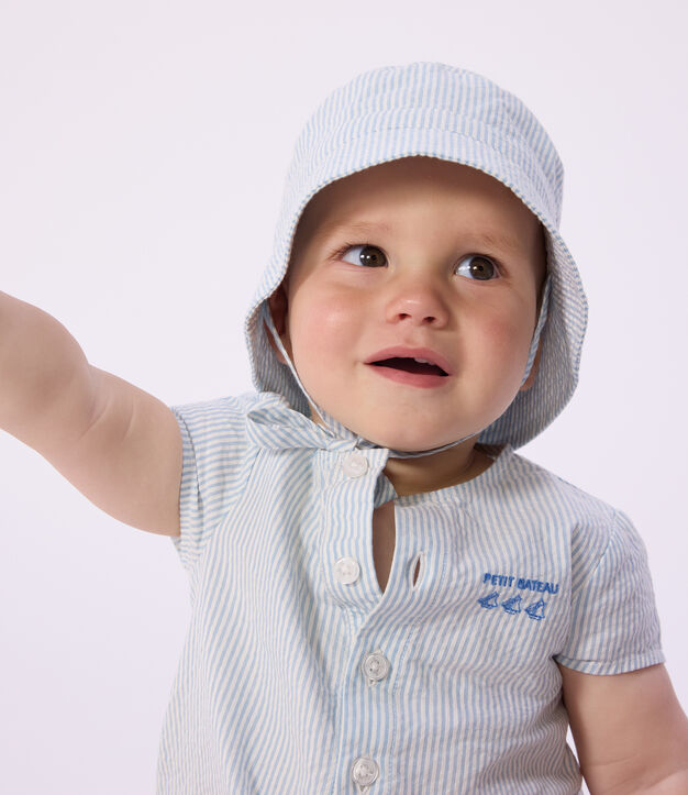 Cappellino in seersucker con laccetti da annodare neonato blu/bianco