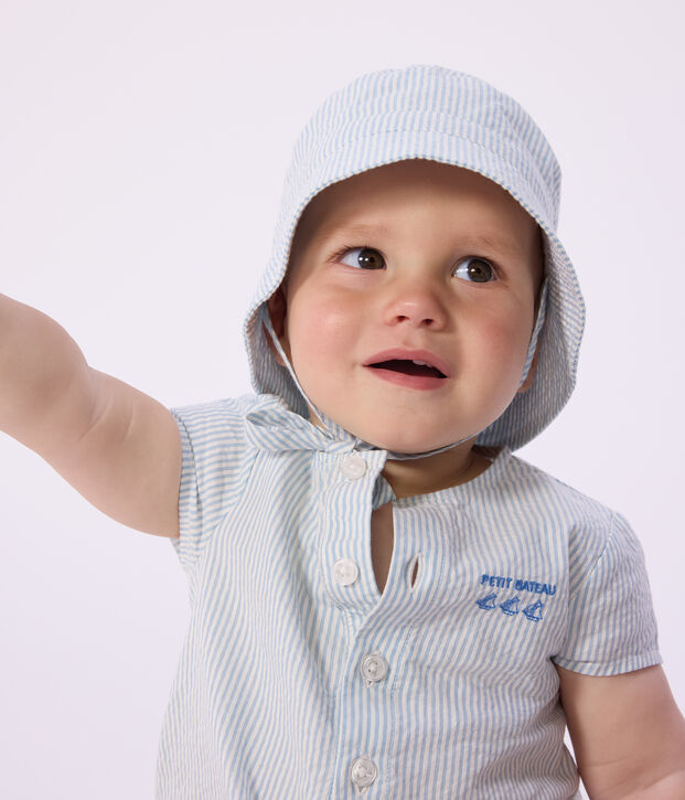 Cappellino in seersucker con laccetti da annodare neonato blu/bianco