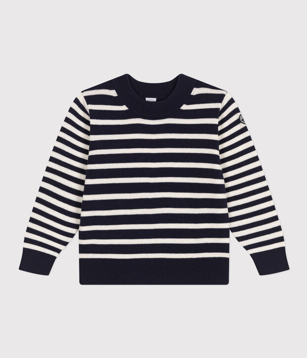 Pullover rigato in lana e cotone bambino blu/bianco